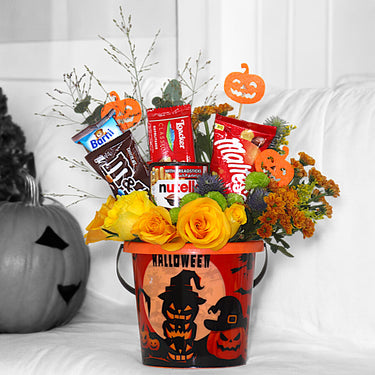 Halloween Pumpkin Basket with Orange Roses, Chrysanthemums & Sweet Treats